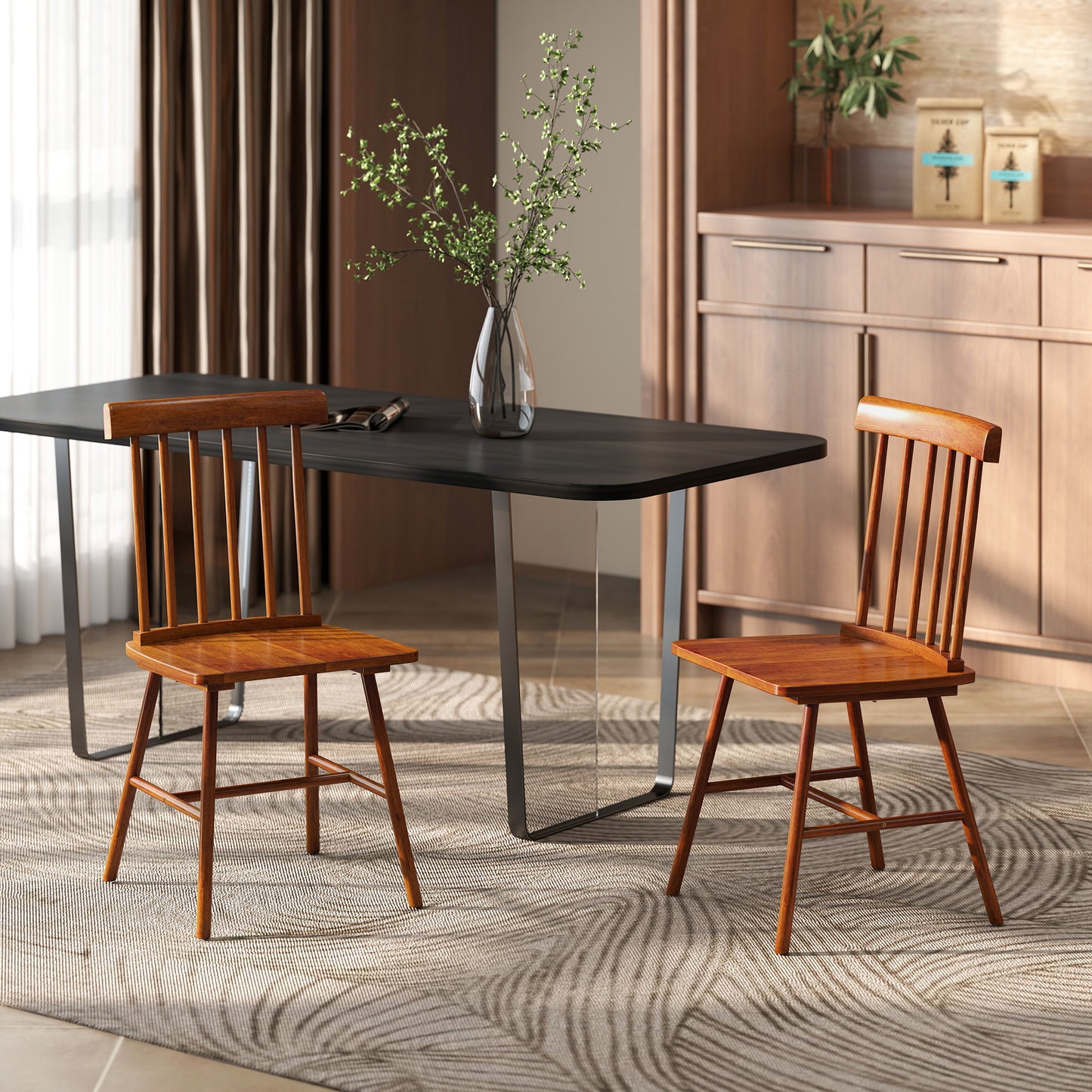 Set of 2 Farmhouse Dining Chairs - Light Brown Wooden Spindle Back