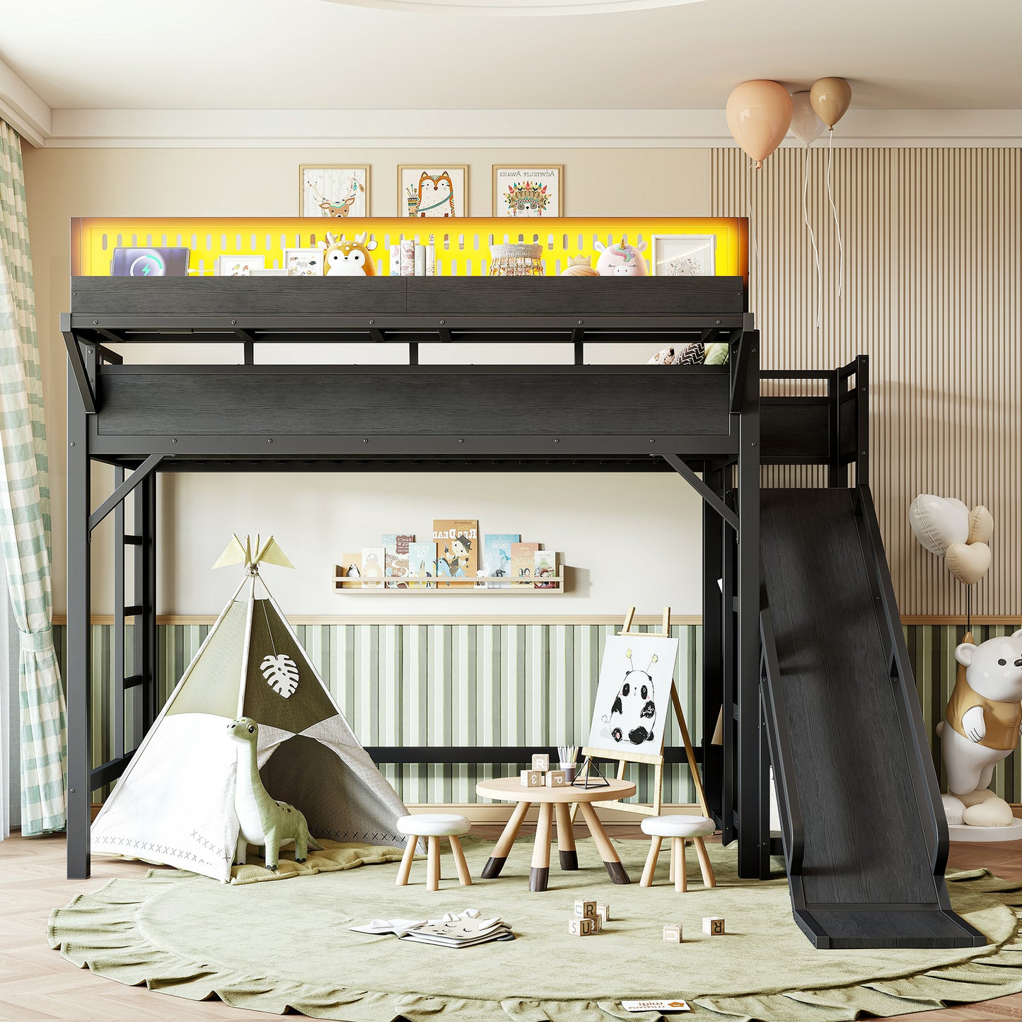 Twin XL Loft Bed with Slide, Storage Shelves, USB Ports & LED Lights - Black