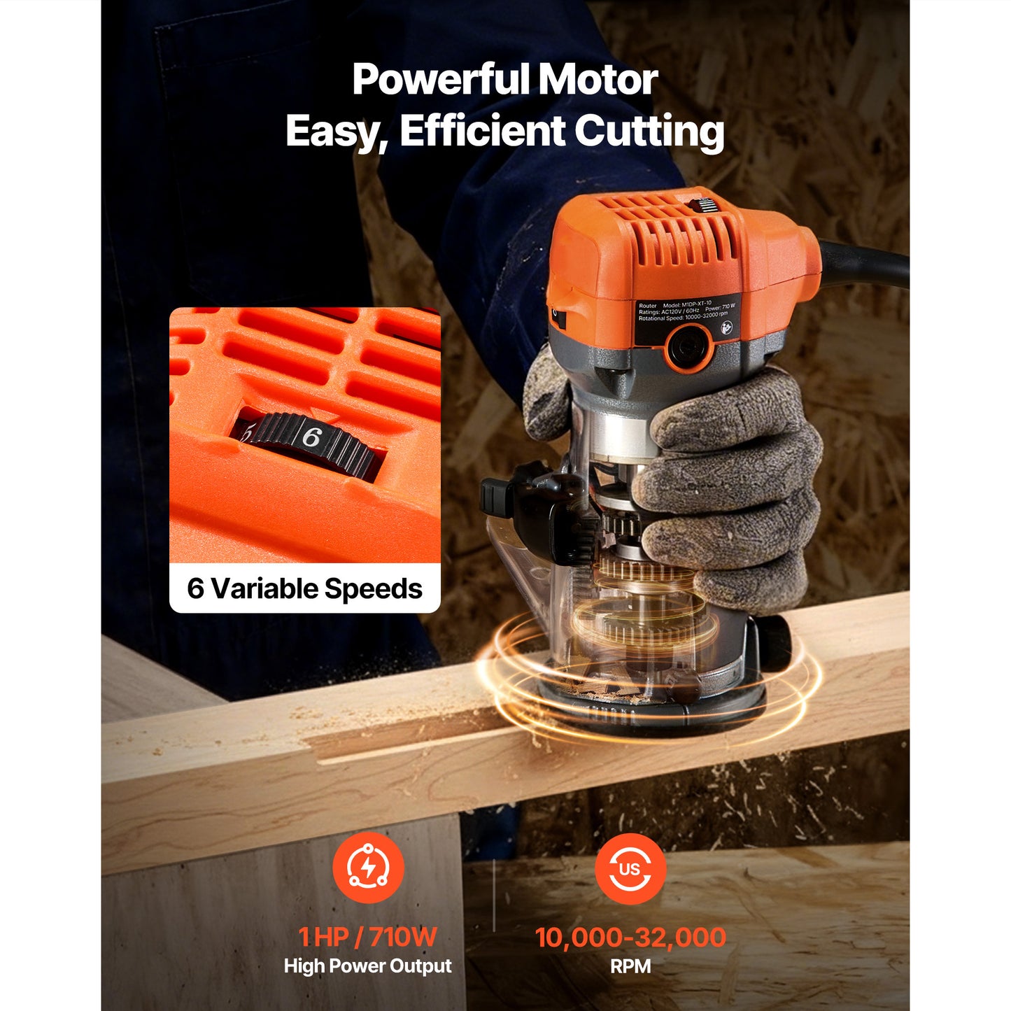 Wood Router 1 HP 710W Variable Speed Palmm Router for Woodworking & DIY Projects