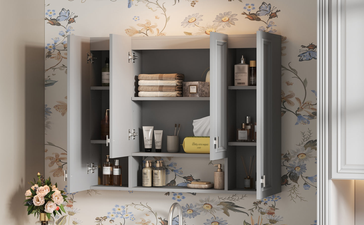 Wall-Mounted Modern Bathroom Cabinet with 5 Adjustable Shelves - Gray