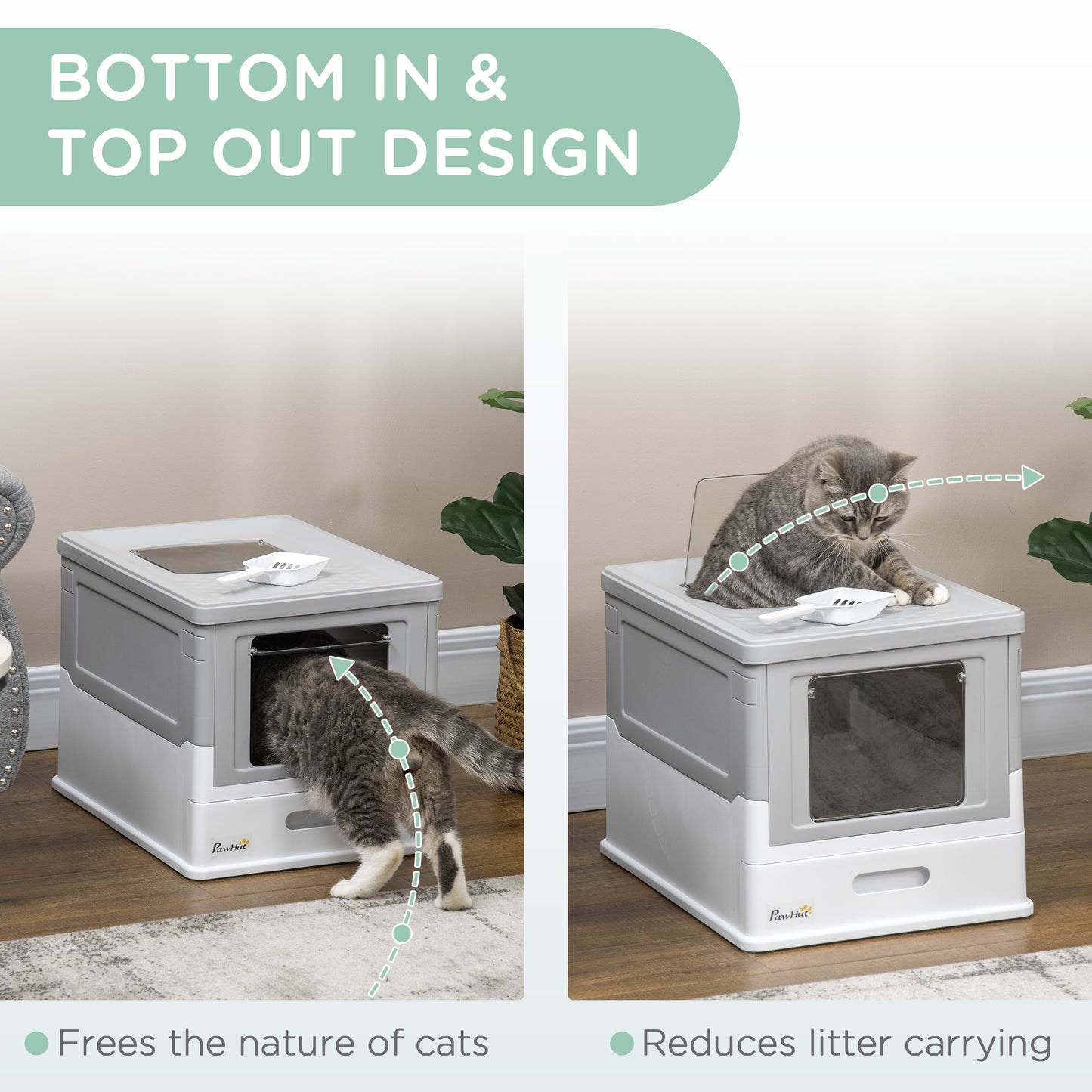 Enclosed Cat Litter Box with Front Entry and Roof Exit - Gray & White, 410x205x525 mm