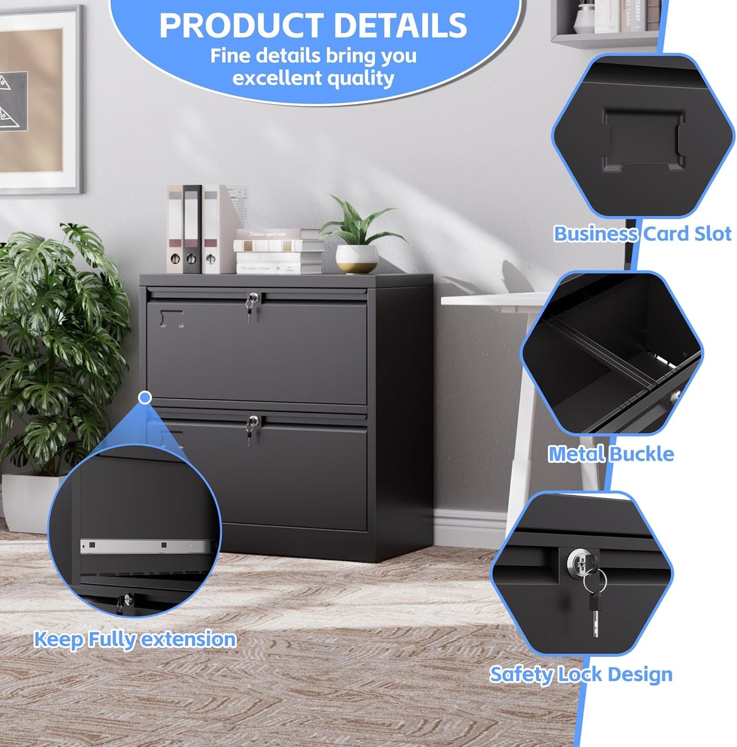 Metal 2 Drawer Lateral File Cabinet with Lock - Black