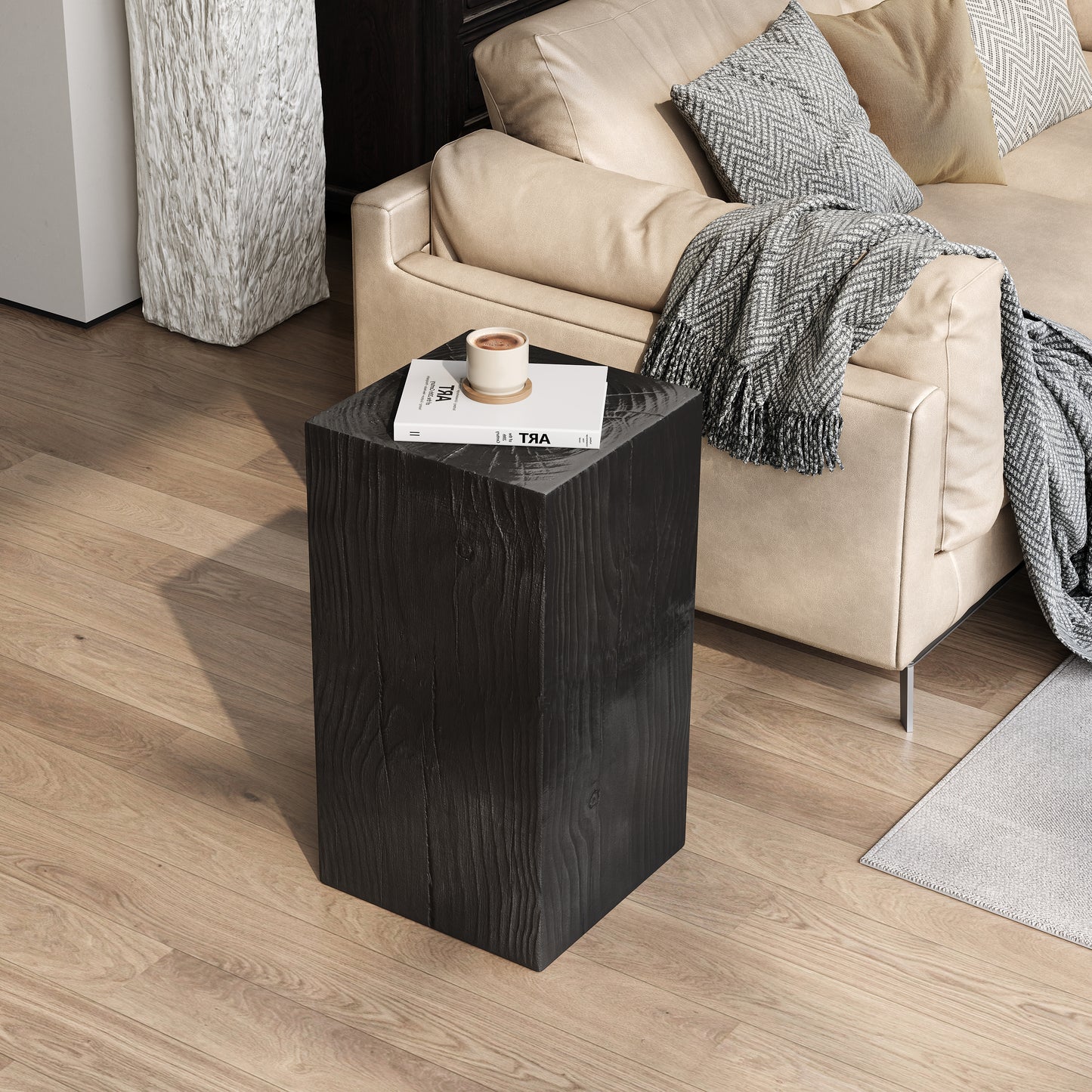 Wood-Look Square-Column MGO End Table, H27.75 ,Wood-Like Distressed