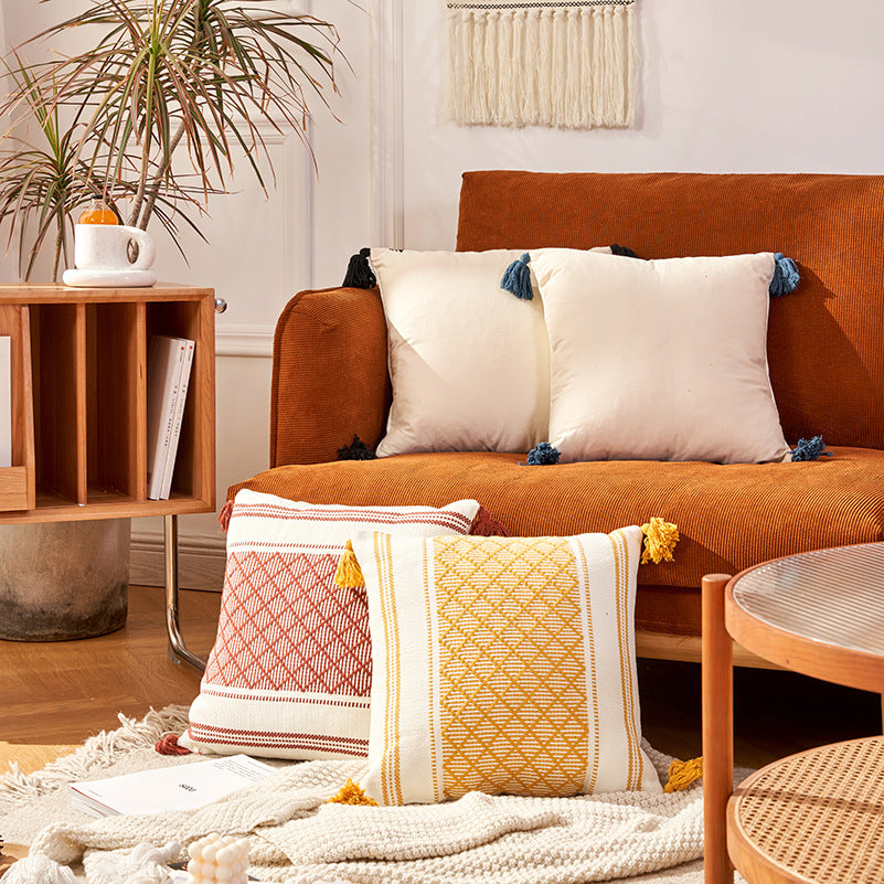 Geometric Woven Jacquard Tassel Cushion Cover - 45x45cm Home Decor