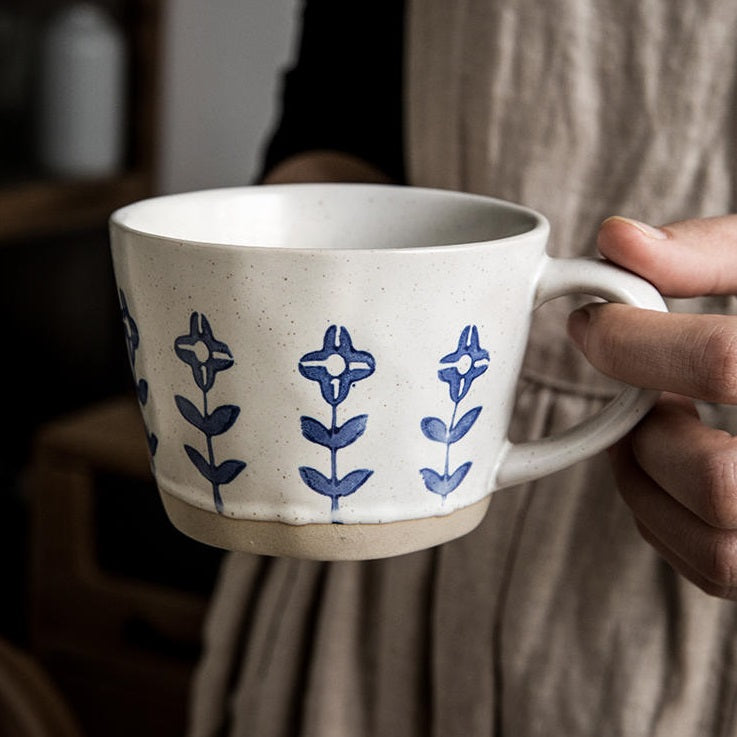 Hand-Painted Small Flower Ceramic Drinking Cup 320ml - Blue