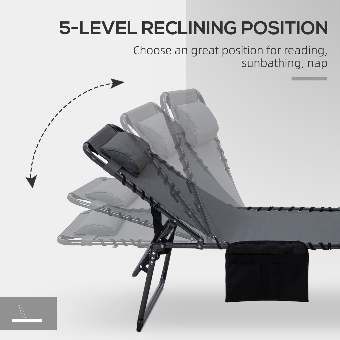 Folding Chaise Lounge Pool Chairs - 2-Piece Set with 5-Level Recline, Side Pocket, Gray
