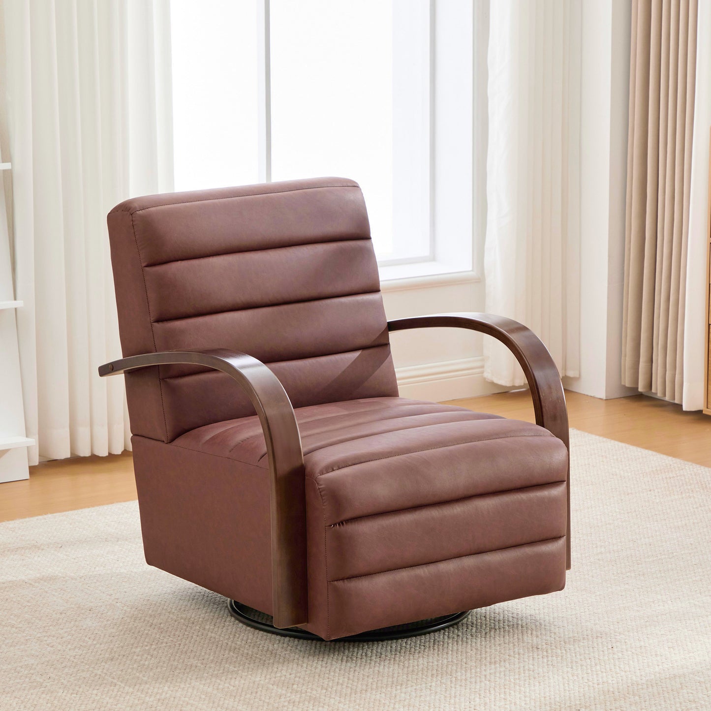 Modern 360° Swivel Accent Chair with Solid Wood Armrests - Brown