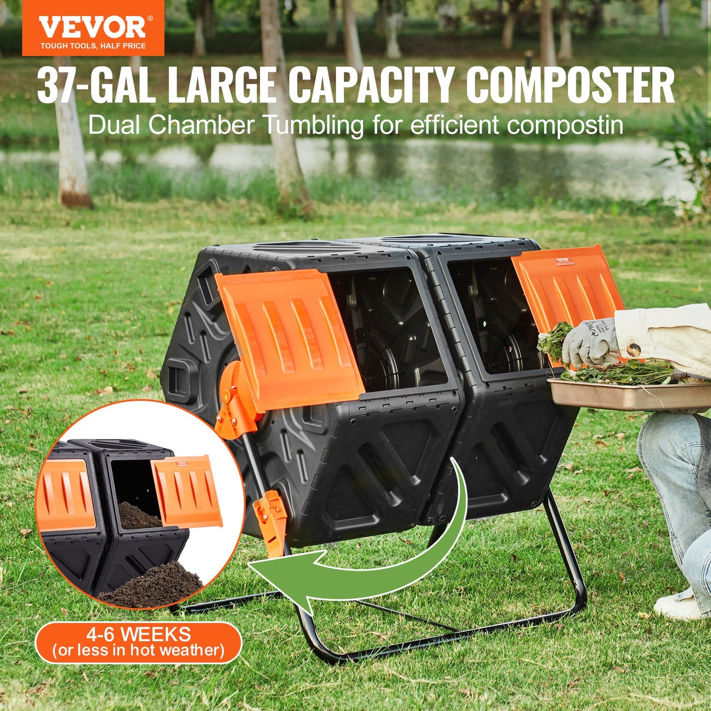 37-Gallon Dual Chamber Compost Tumbler Bin - Outdoor Garden Waste Recycler, Black