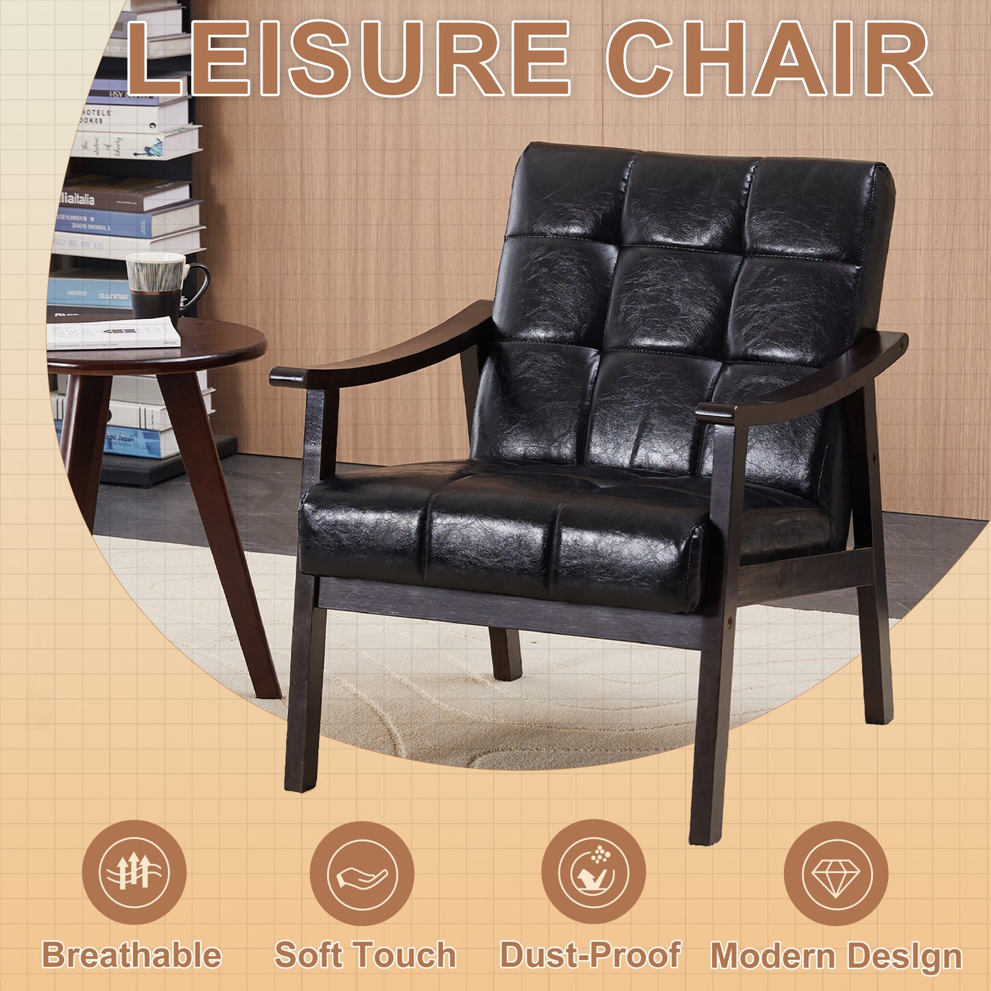 Modern High Back Armchair - Antique Black PU Leather