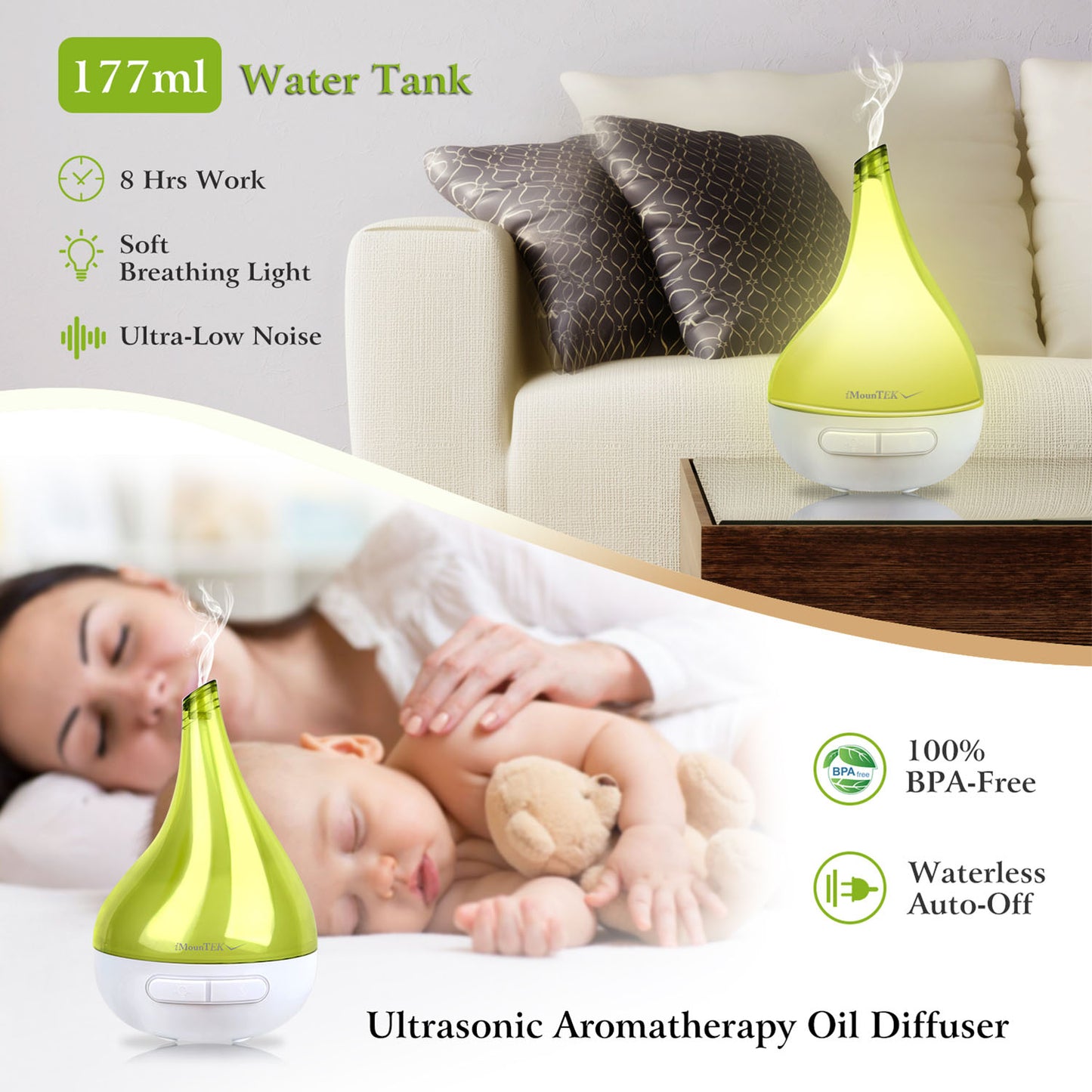 Aroma Diffuser & Humidifier - Ultrasonic Essential Oil Diffuser with LED Light - Green