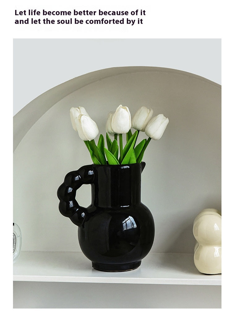 French Ceramic Vase Set - Cream, Black, and Beige Decorative Flowers & Tulips