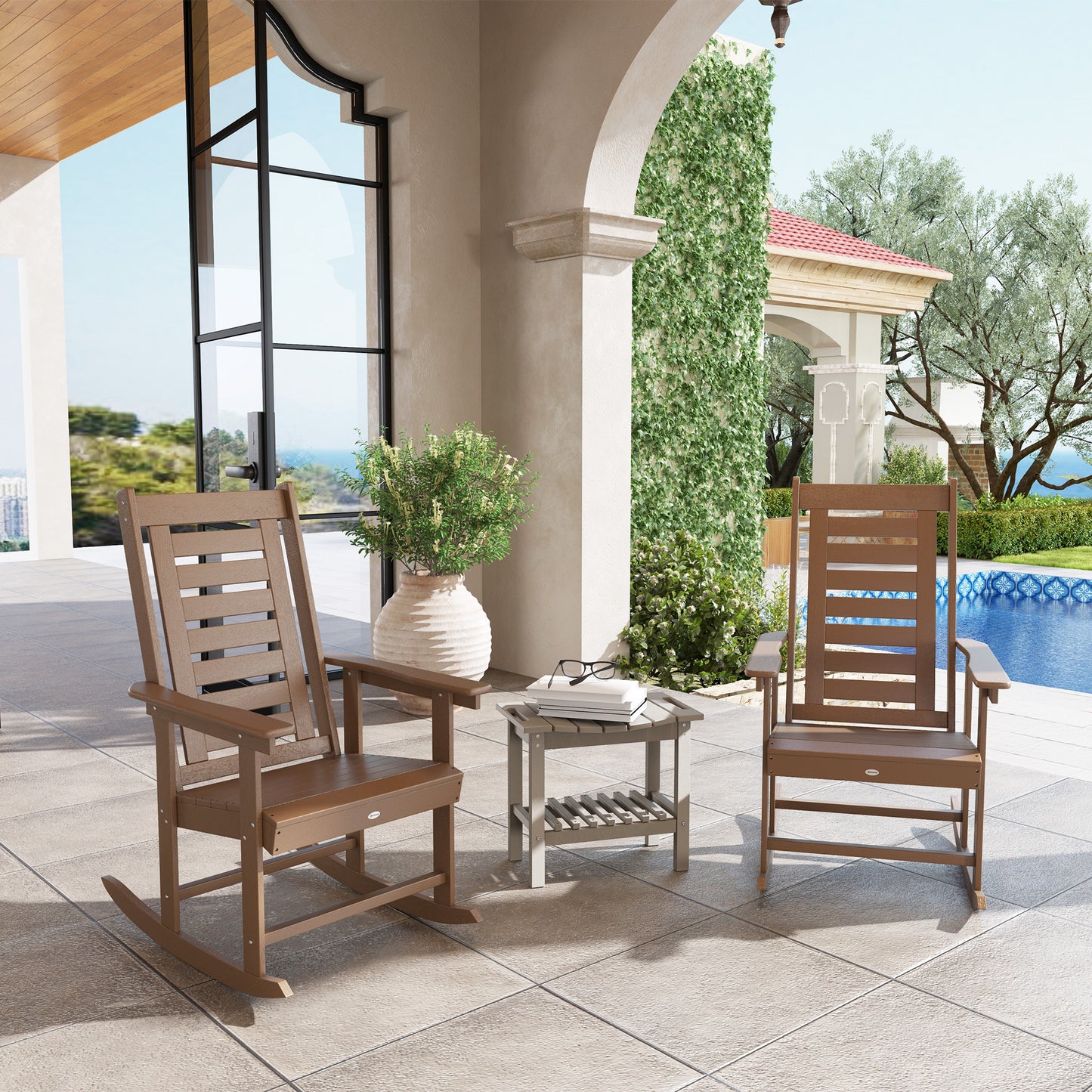 Set of 2 Outdoor Rocking Chairs - HDPE Patio Rockers, Brown