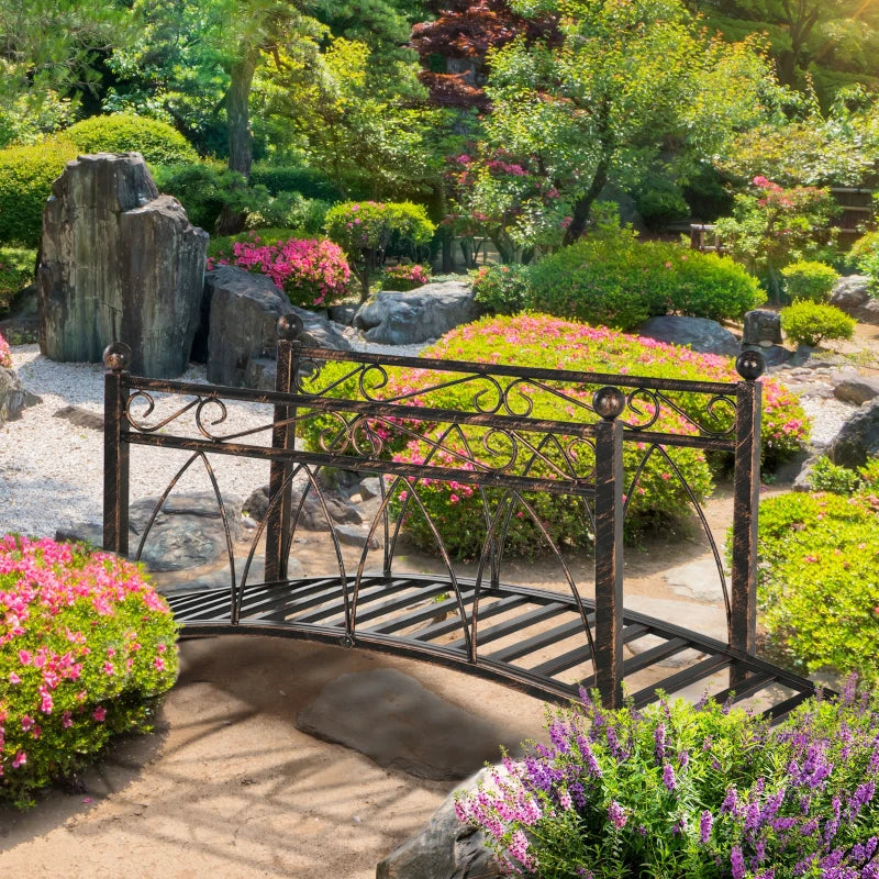 Bronze Metal Arch Zen Garden Bridge with Safety Siderails for Pond & Stream
