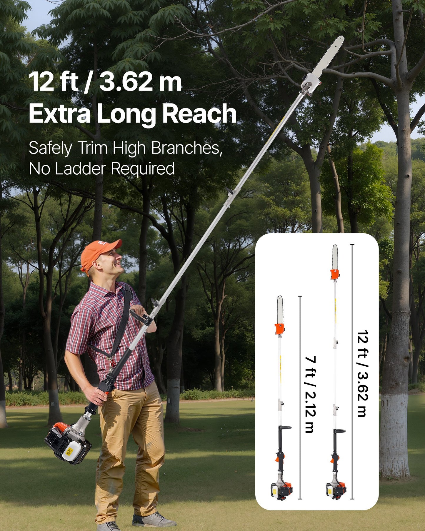 Gas Pole Saw 25CC 2-Stroke Extendable Tree Trimmer with 12-In Bar - Cordless Garden Tool