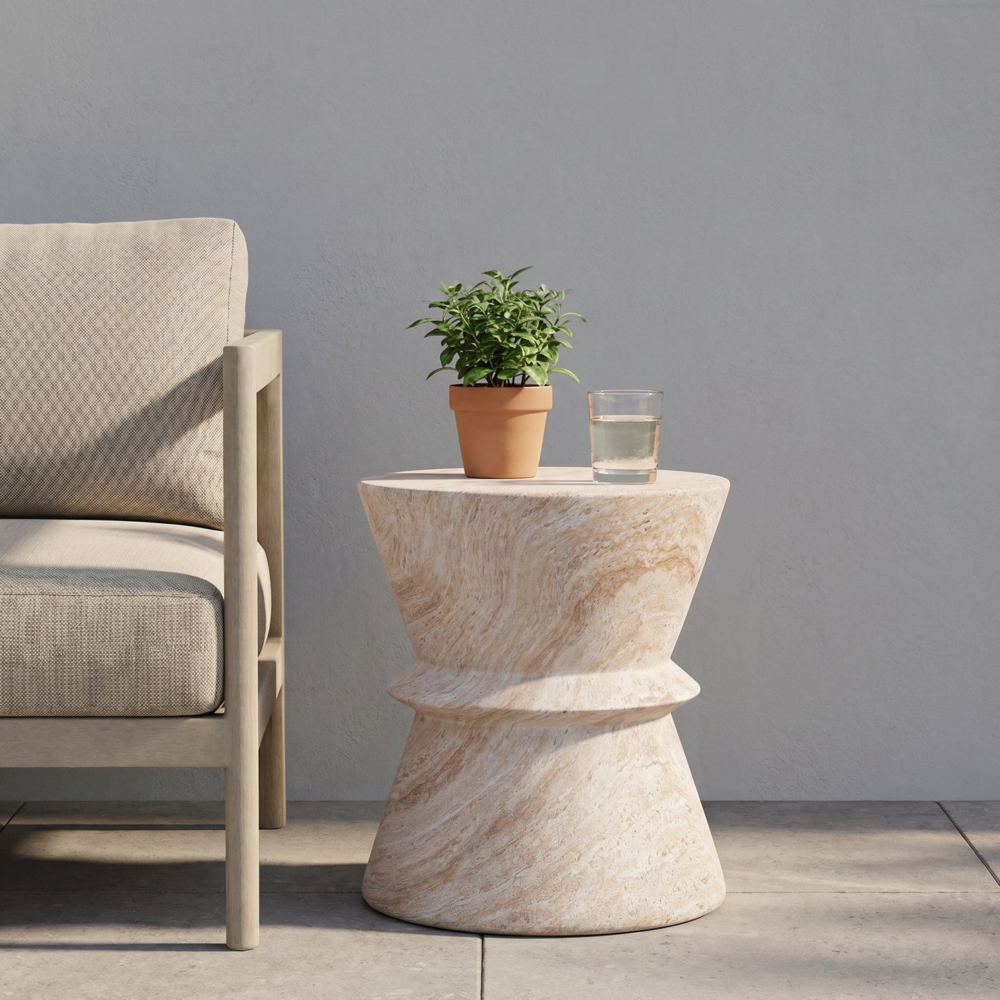 Lightweight Concrete Side Table with Travertine Finish - Beige