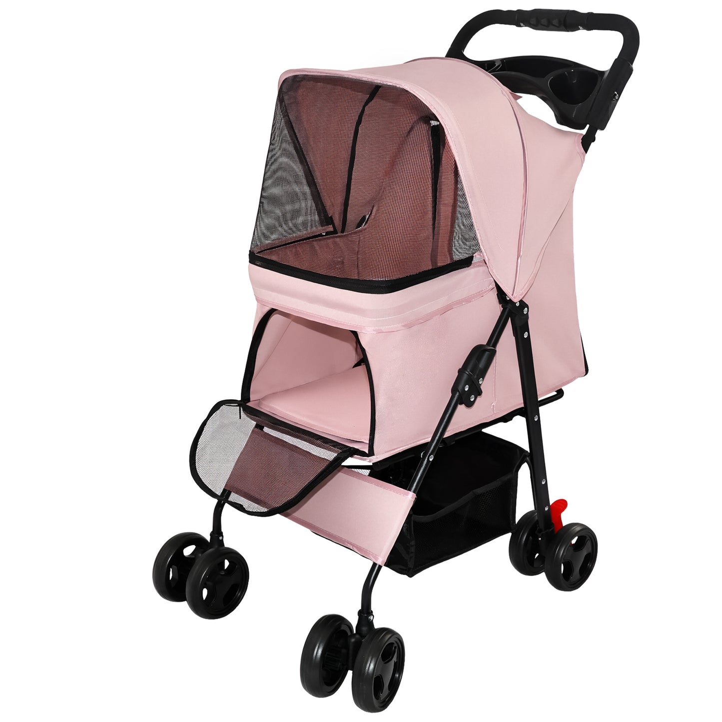 Foldable Pet Stroller for Small Dogs Cats Up to 28 lbs with Mesh & Storage - Pink