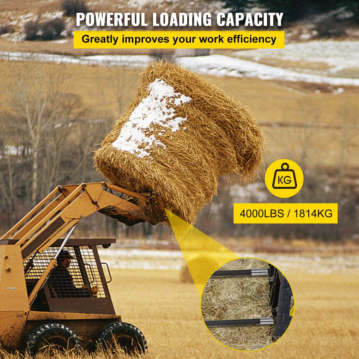 49-Inch Hay Bale Spear with 4000 Lb Capacity - Black Square Hay Fork for Tractors & Loaders