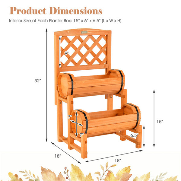 2-Tier Fir Wood Raised Garden Bed with Trellis - Outdoor Planter Box