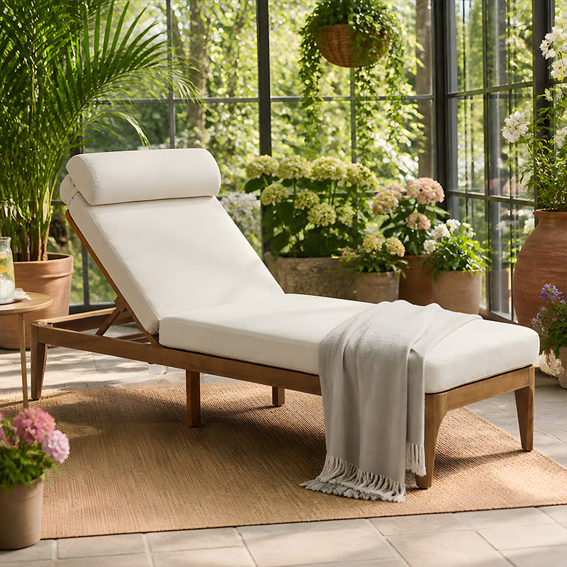 Acacia Wood Chaise Lounge Chair - Outdoor Recliner with Adjustable Backrest, Beige