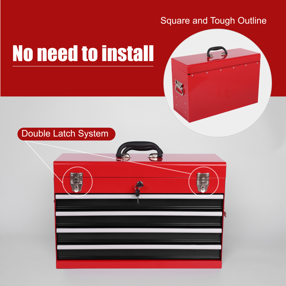 Heavy Duty Metal Tool Box 21-Inch with 4 Drawers, Locking & EVA Liners - Portable Steel Organizer, Red & Black