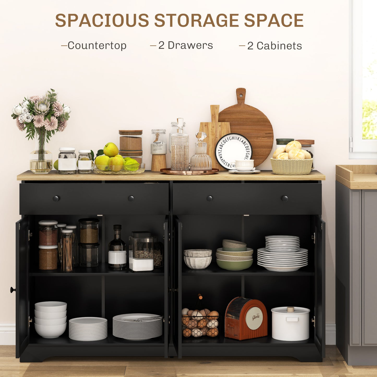 Modern Sideboard Buffet Cabinet with Adjustable Shelves - Black