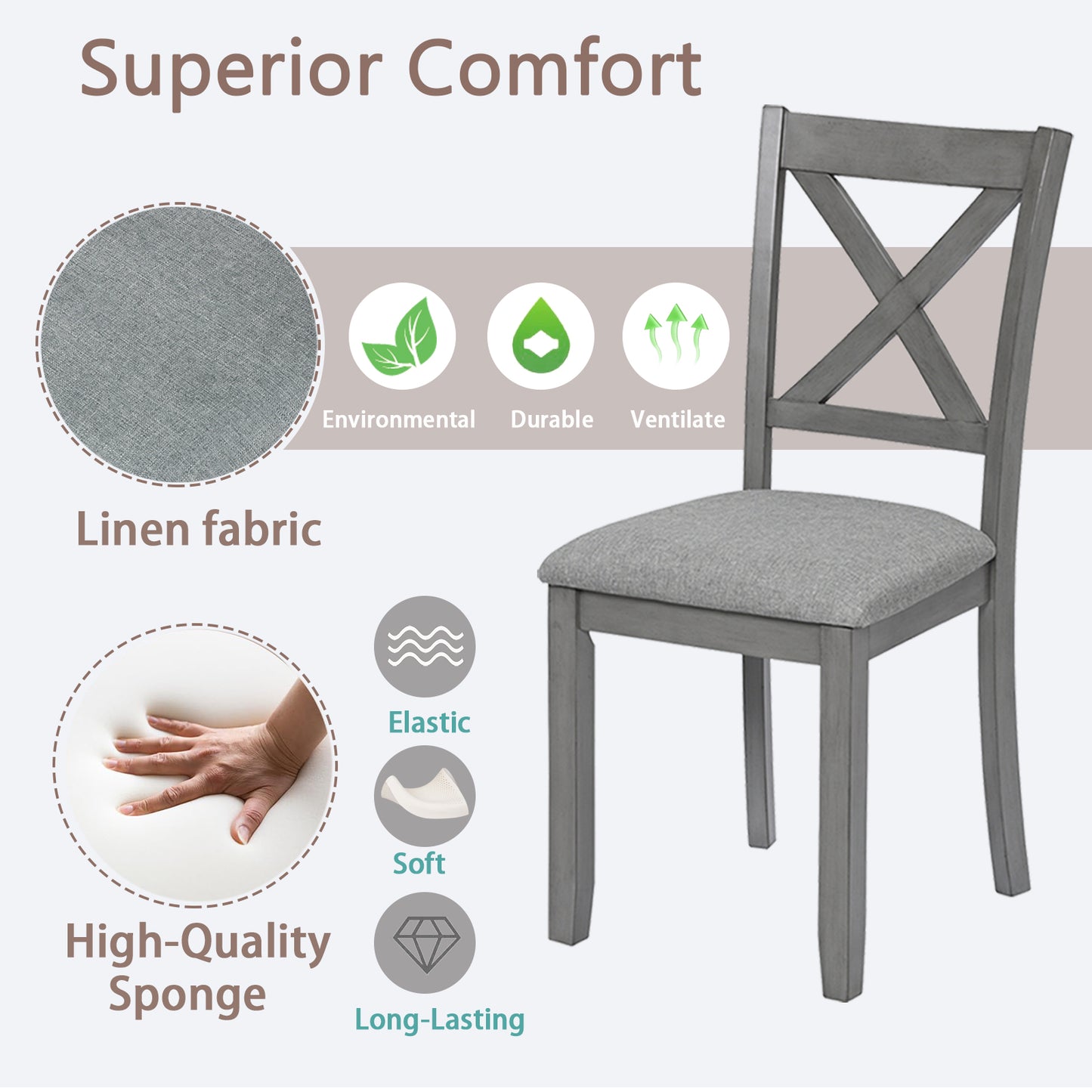 Wooden Dining Chairs Set of 4 - Upholstered Gray Kitchen Chairs