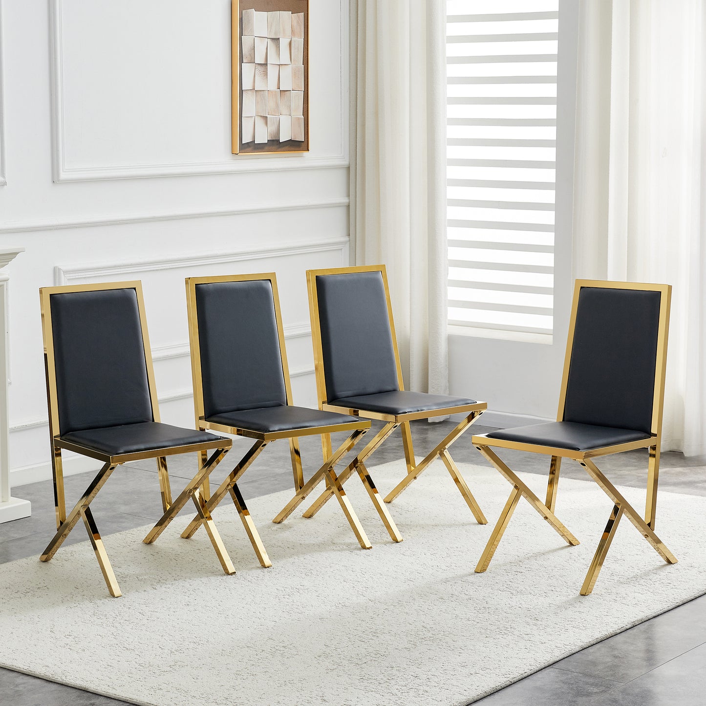 4-pack Gold Metal Framed Black PU Dining Chairs Ergonomic Design, A