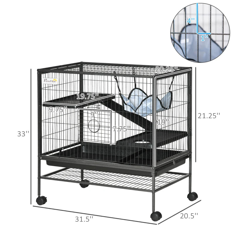 Small Animal Cage on Wheels with Storage Shelf and Removable Tray - Suitable for Hamsters, Ferrets, Rats, and Kittens