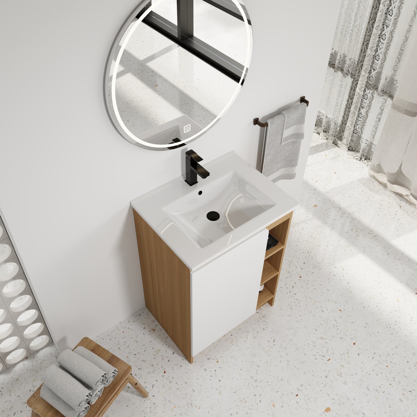 24" Light Oak Bathroom Vanity with Ceramic Sink & Open Shelves