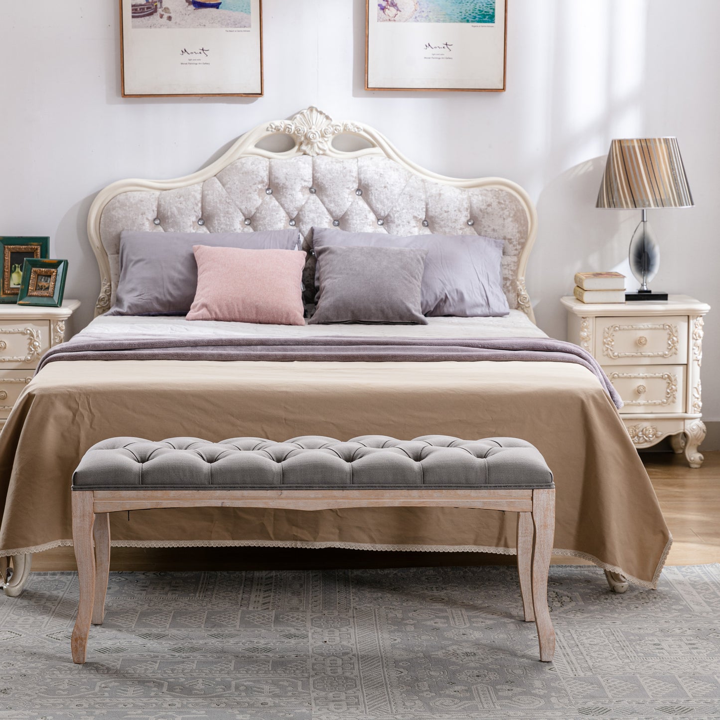 French Vintage Upholstered Bench - Grey Linen, 43.3"