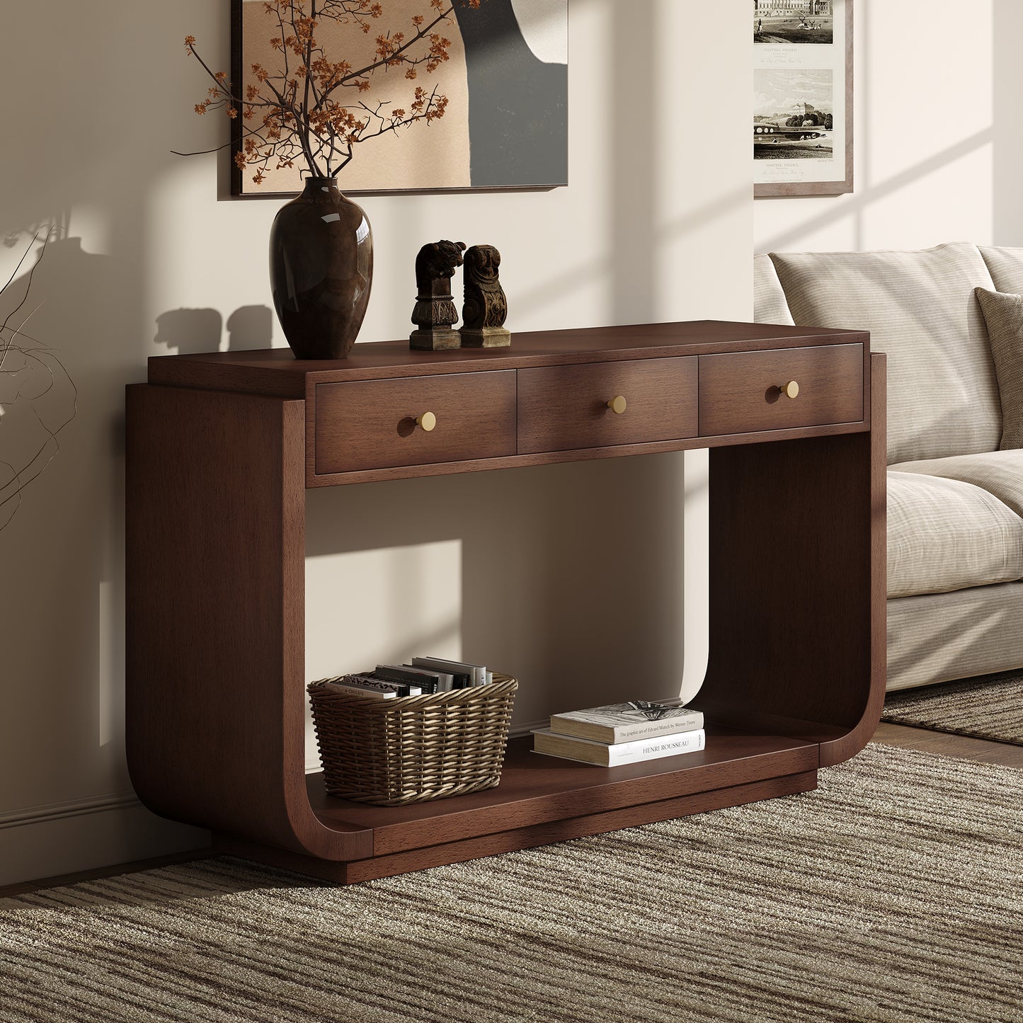 Classic Console Table with 3 Drawers & Display Shelf - Walnut