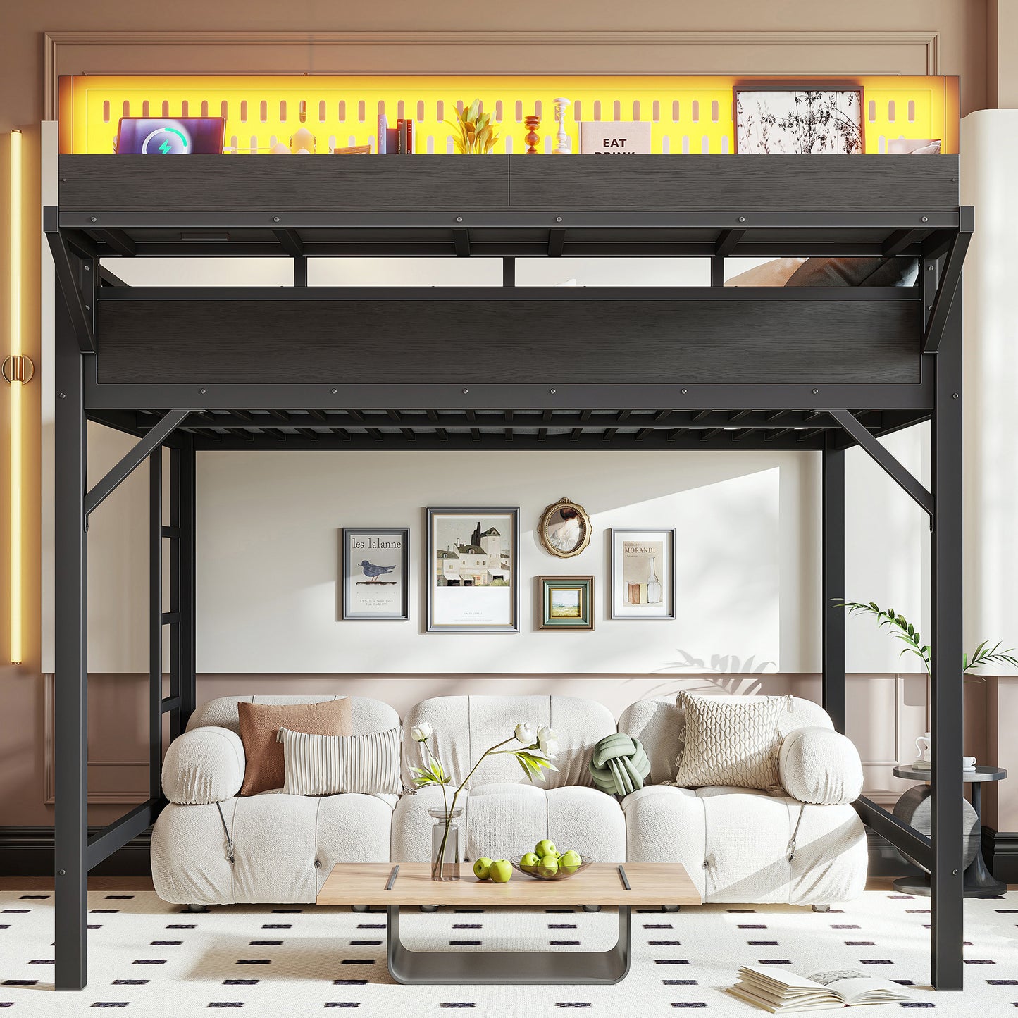Full Size Metal Loft Bed Frame with Storage Shelves & USB Ports