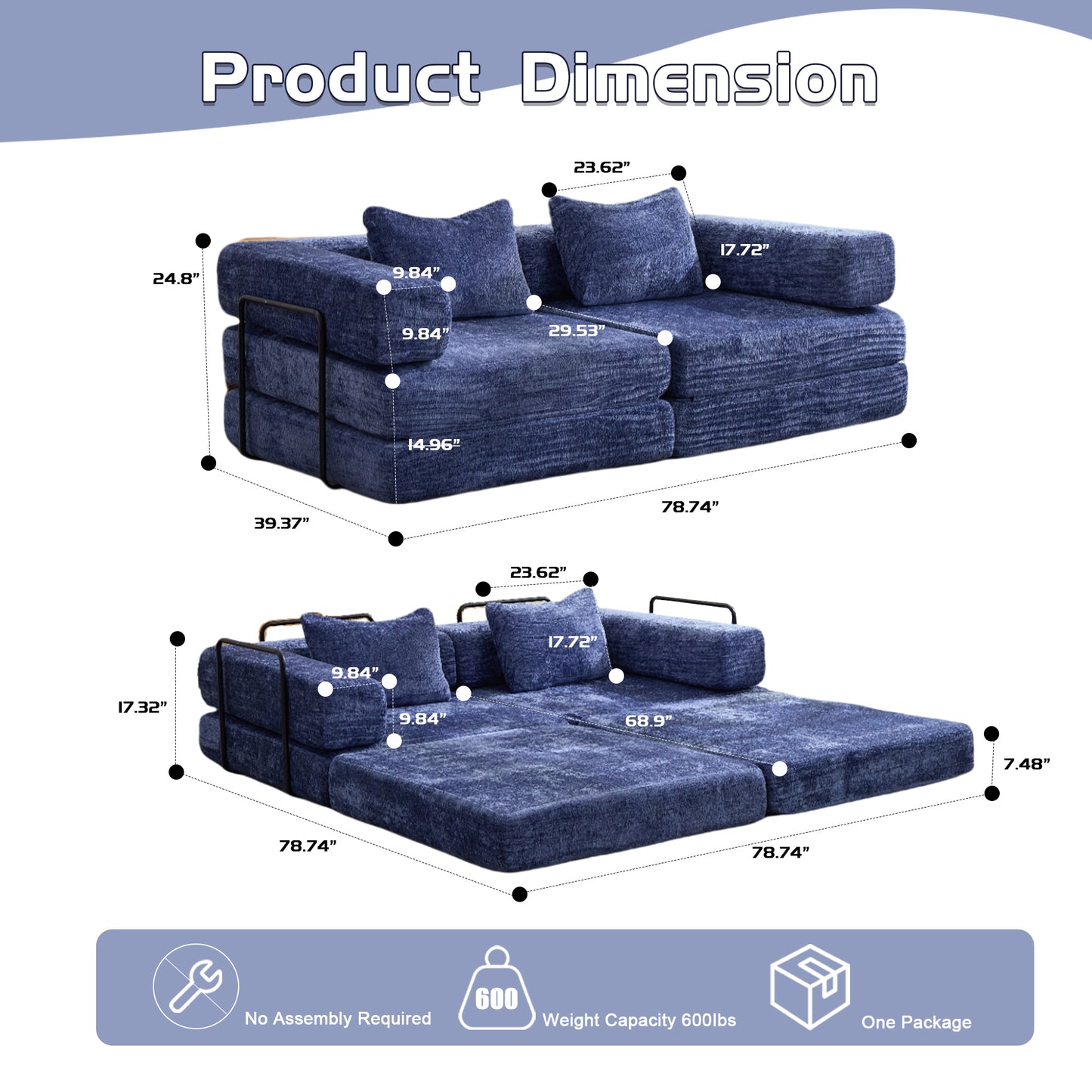 Convertible Floor Sofa Bed - Dark Blue Chenille, No Assembly