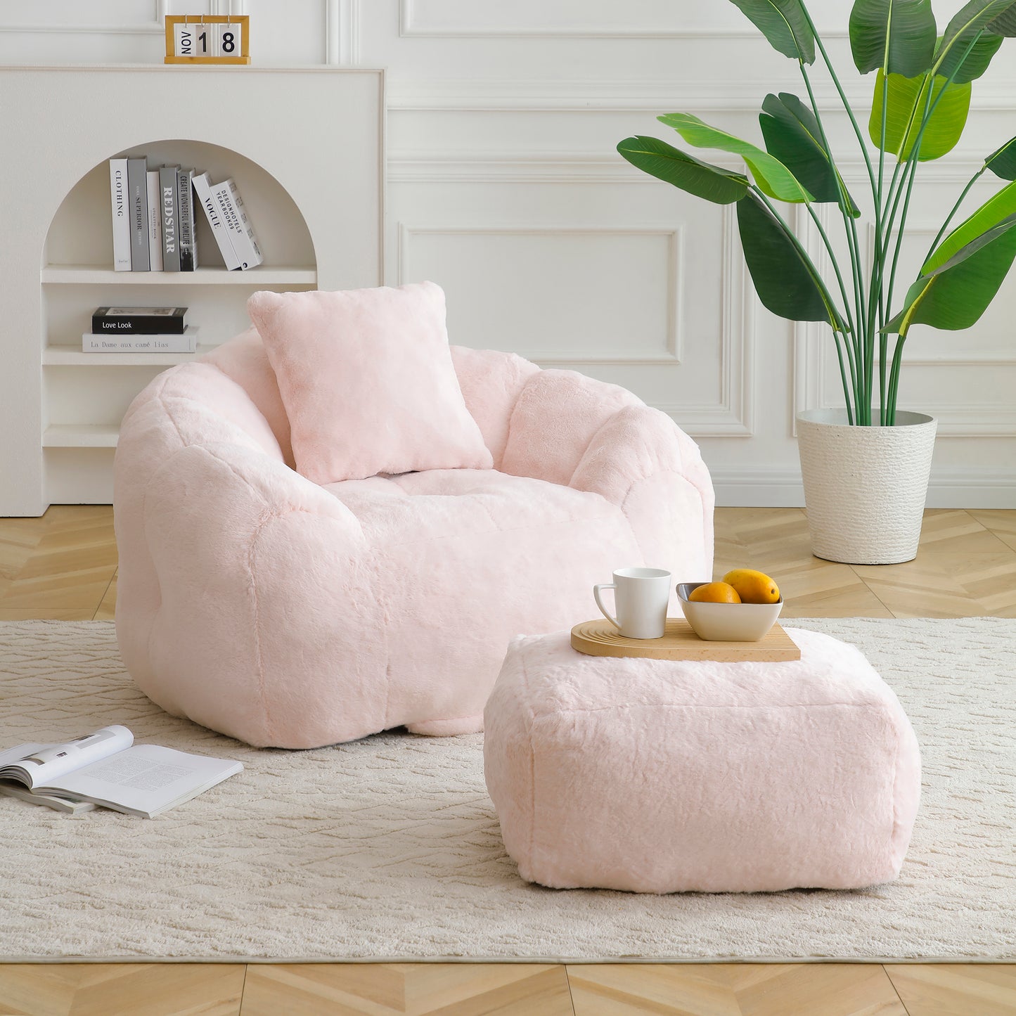 Oversized Faux Fur Bean Bag Chair with Footstool - Pink