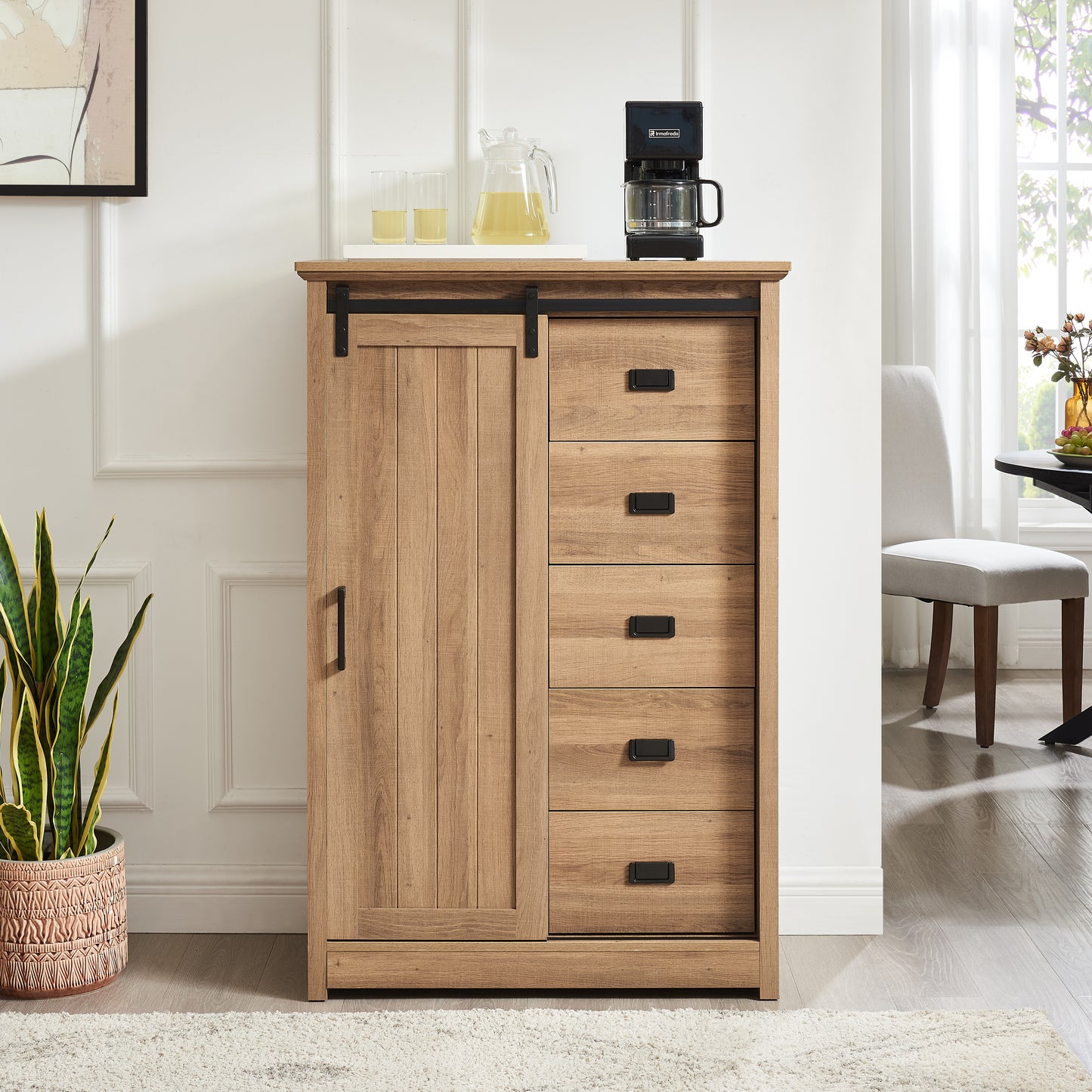 Farmhouse 5-Drawer Dresser with Sliding Barn Door - Oak
