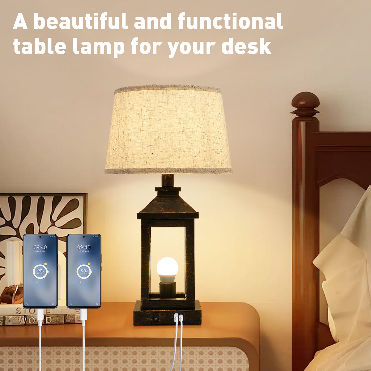Dimmable Black Gold Farmhouse Table Lamp with USB Ports