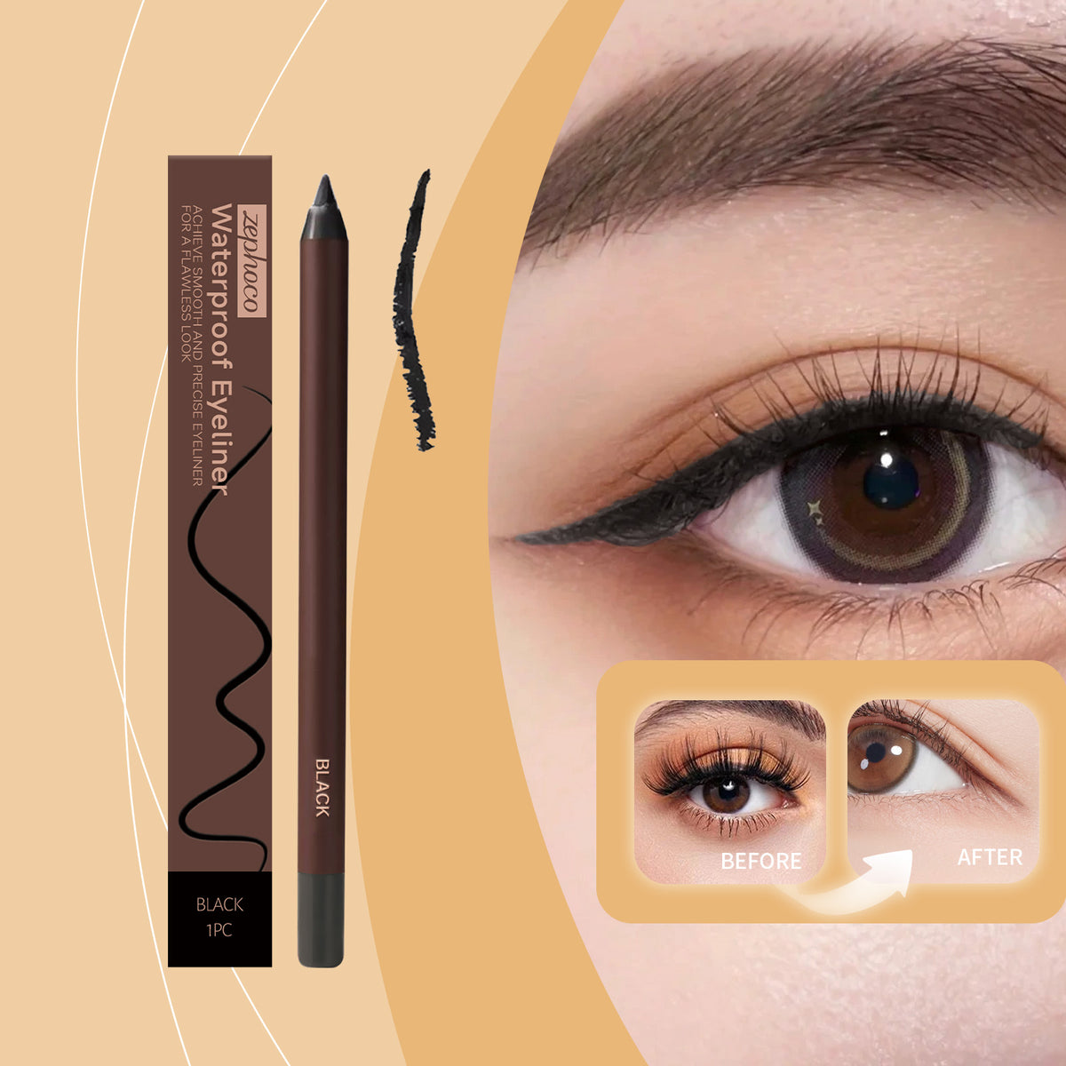 Waterproof Black Eyeliner - Long-Lasting Eye Makeup Pencil, 1 Piece