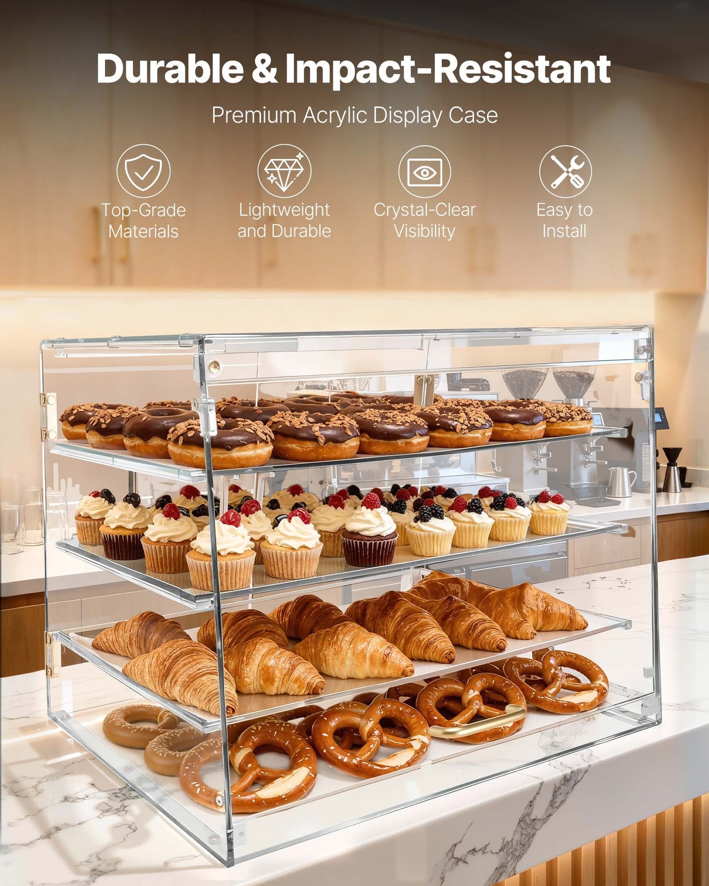 4-Tier Acrylic Bakery Display Case with Magnetic Rear Door for Pastries & Cake