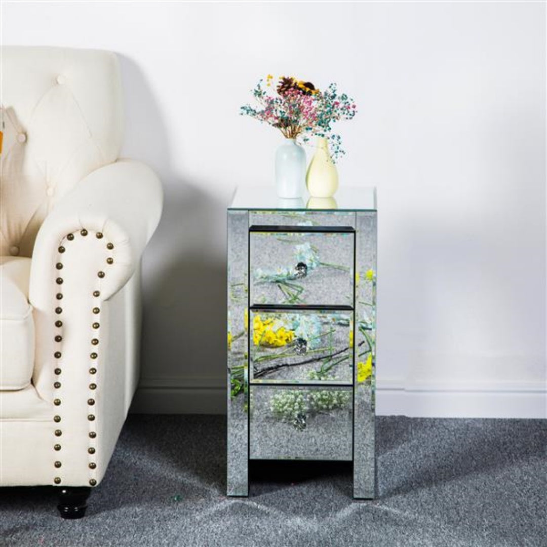 Mirrored Glass Bedside Table with 3 Drawers - Silver