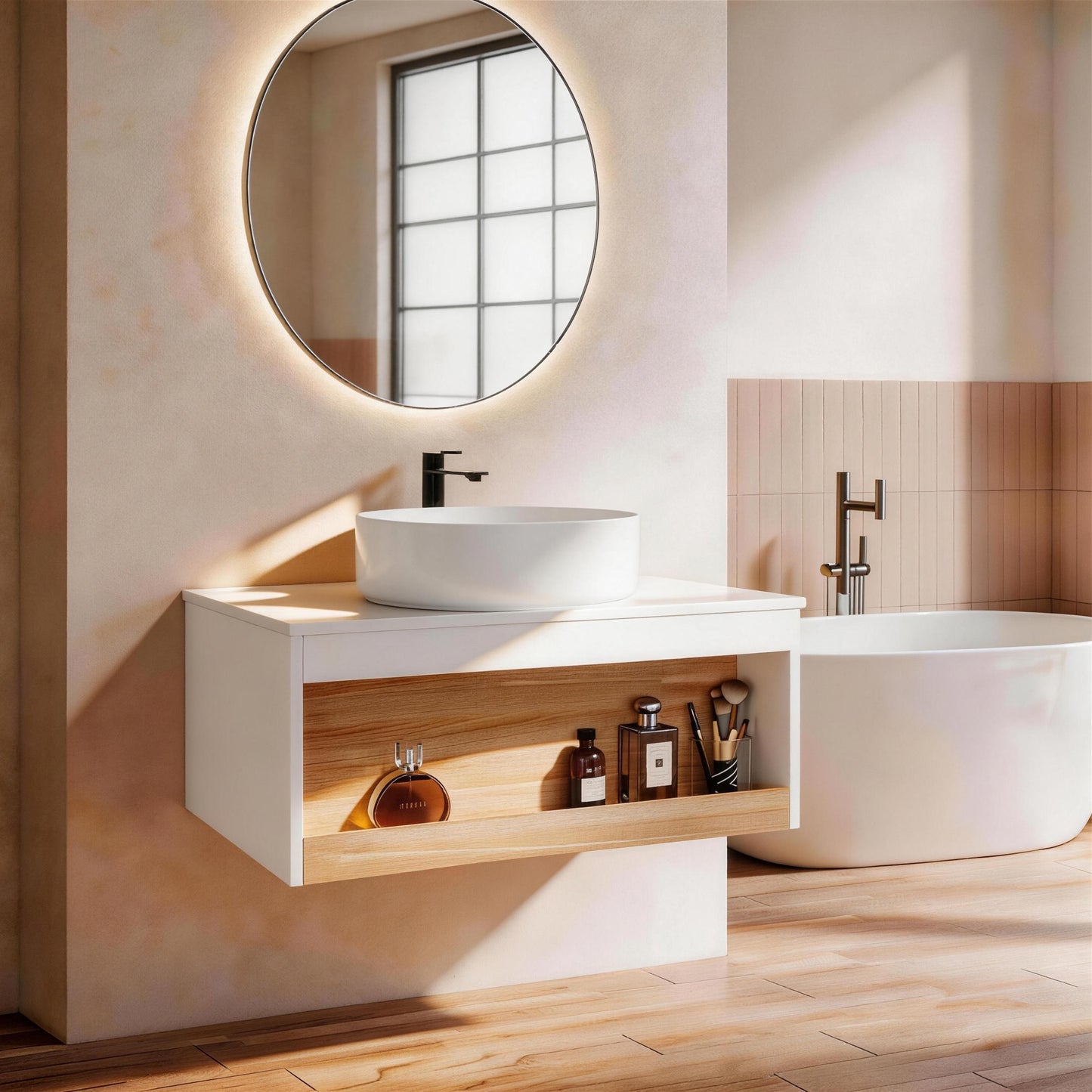 30" Wall-Mounted Bathroom Vanity with Glossy White Vessel Sink