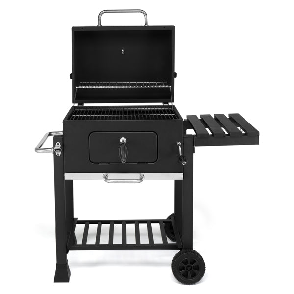 Heavy-Duty Charcoal Grill with Foldable Side Table and Wheels for Outdoor Cooking
