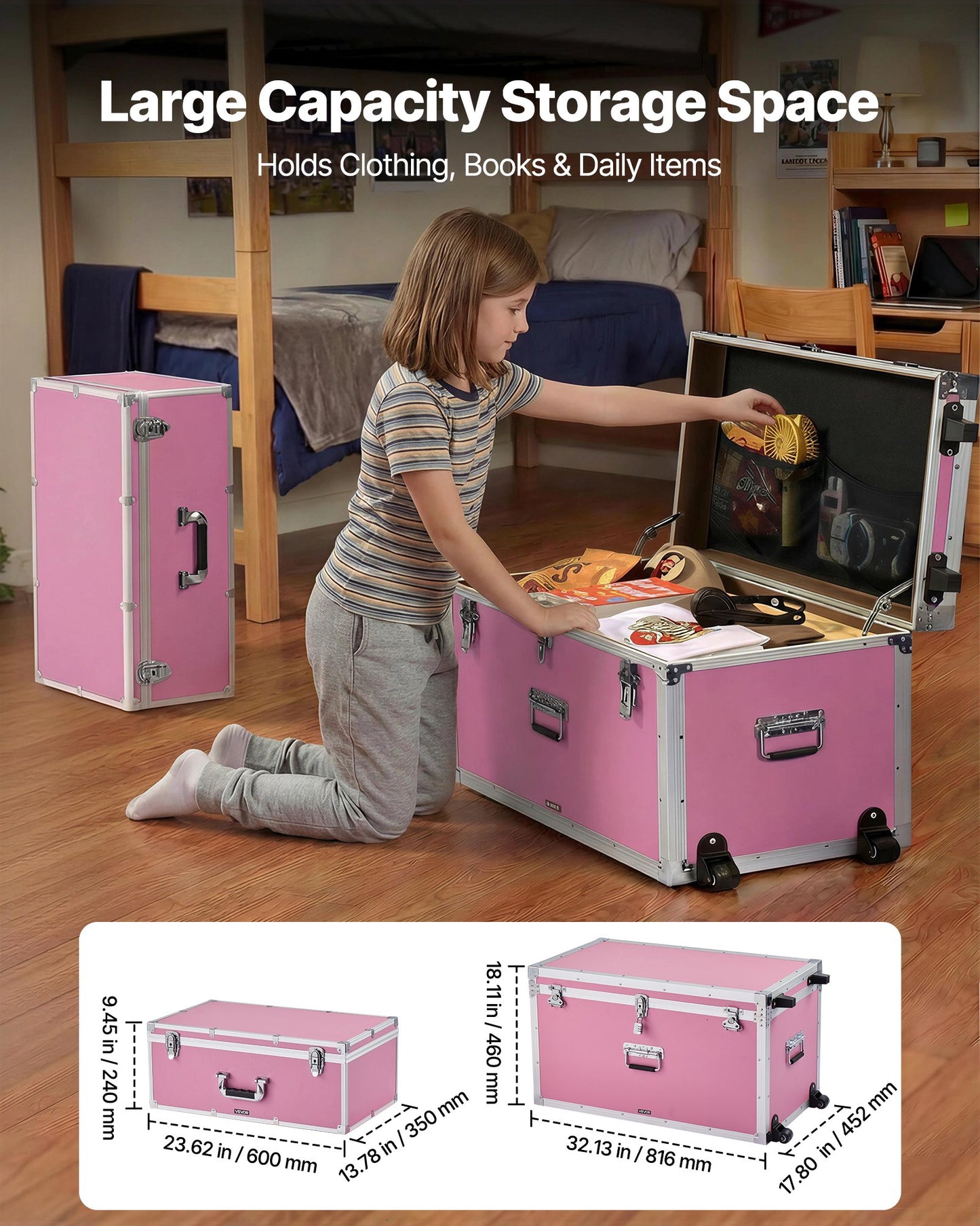 Metal Storage Trunk Set of 2 - Wooden Suitcases with Locks & Casters