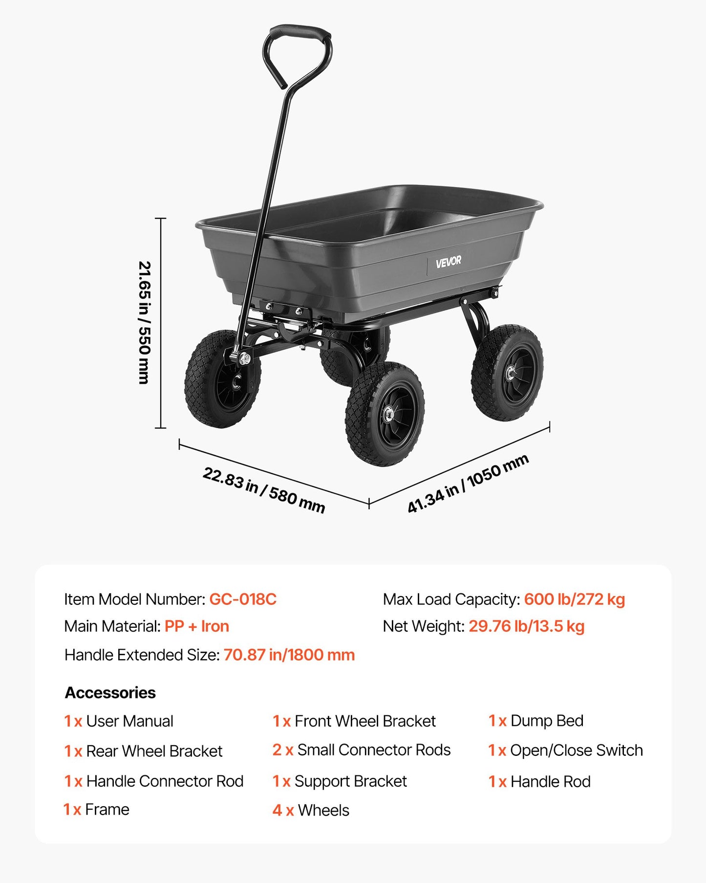 Garden Dump Cart 600 Lb Poly Yard Wagon with 90° Quick-Dump & Swivel Wheels - Black