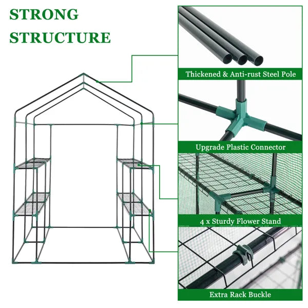 Greenhouse with 8 Shelves and Zipper Door - 145x145x190cm