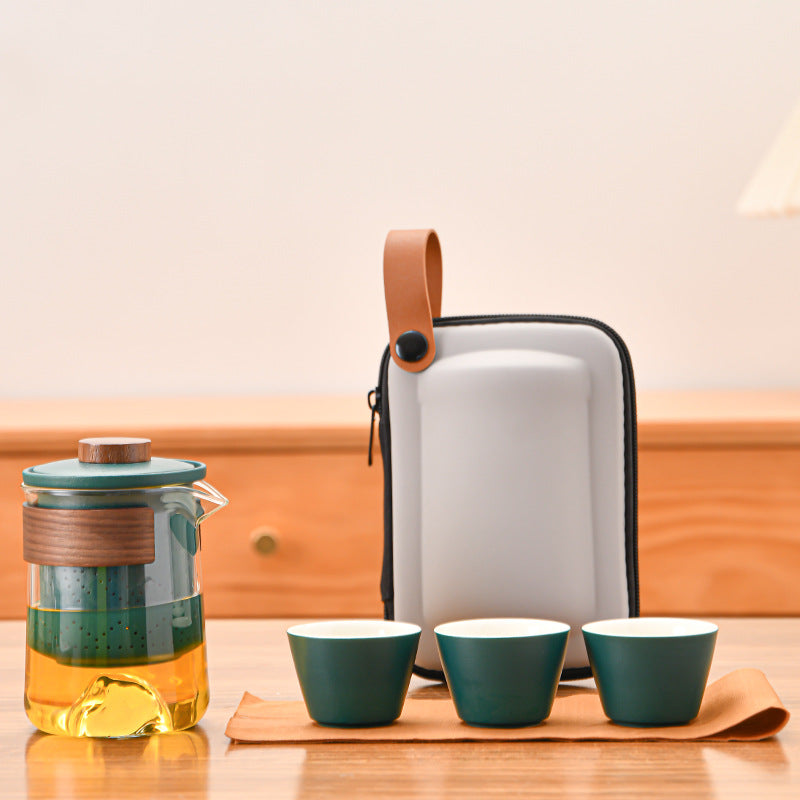 Outdoor Travel Tea Set with Canister Tray & Caddy - Portable Ceramic Tea Kit