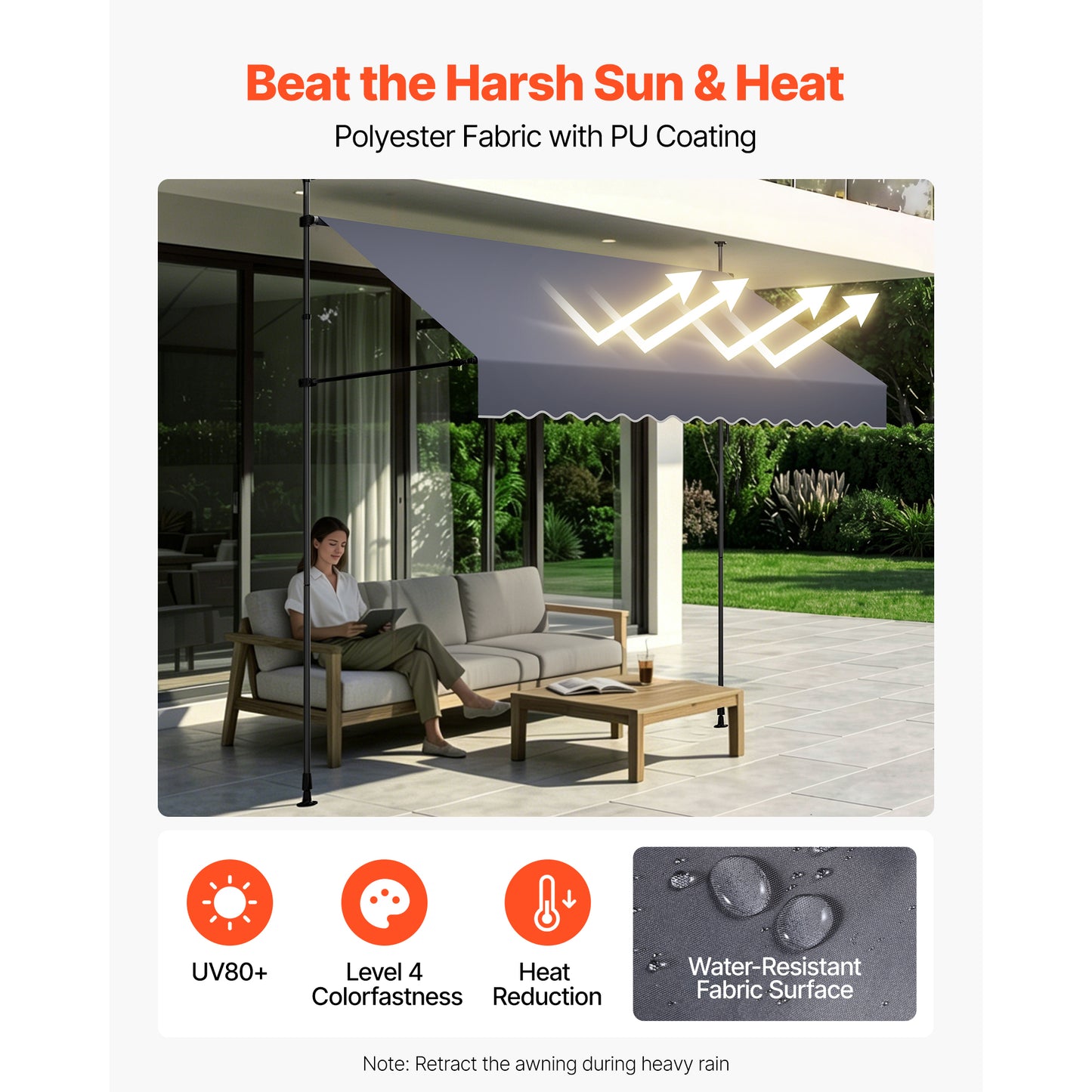 Manual Retractable Patio Awning Sunshade Shelter - 118 Inch Outdoor Canopy with Crank Handle, Adjustable for Garden & Balcony