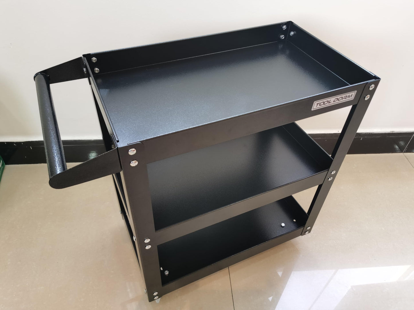Three-Tier Hand Cart with Lockable Wheels and Ergonomic Handle - Black