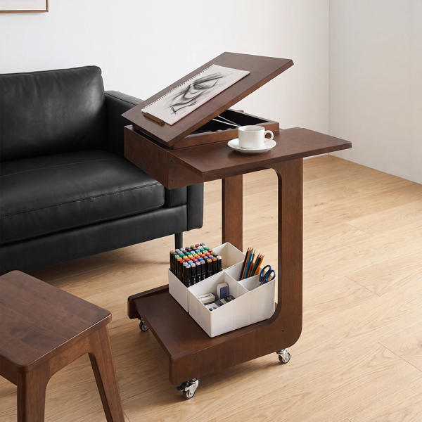 Solid Wood C-Shaped End Table with Adjustable Desktop - Walnut