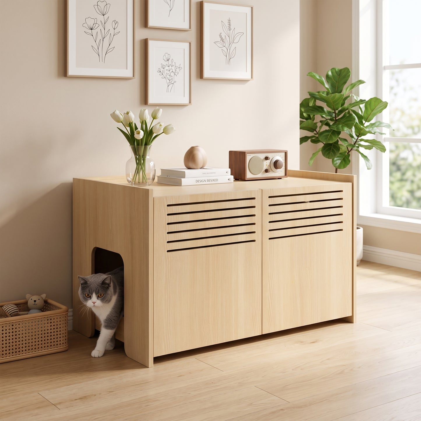 Wooden Cat House with Scratching Pad and Hidden Litter Box, Spacious Pet Furniture