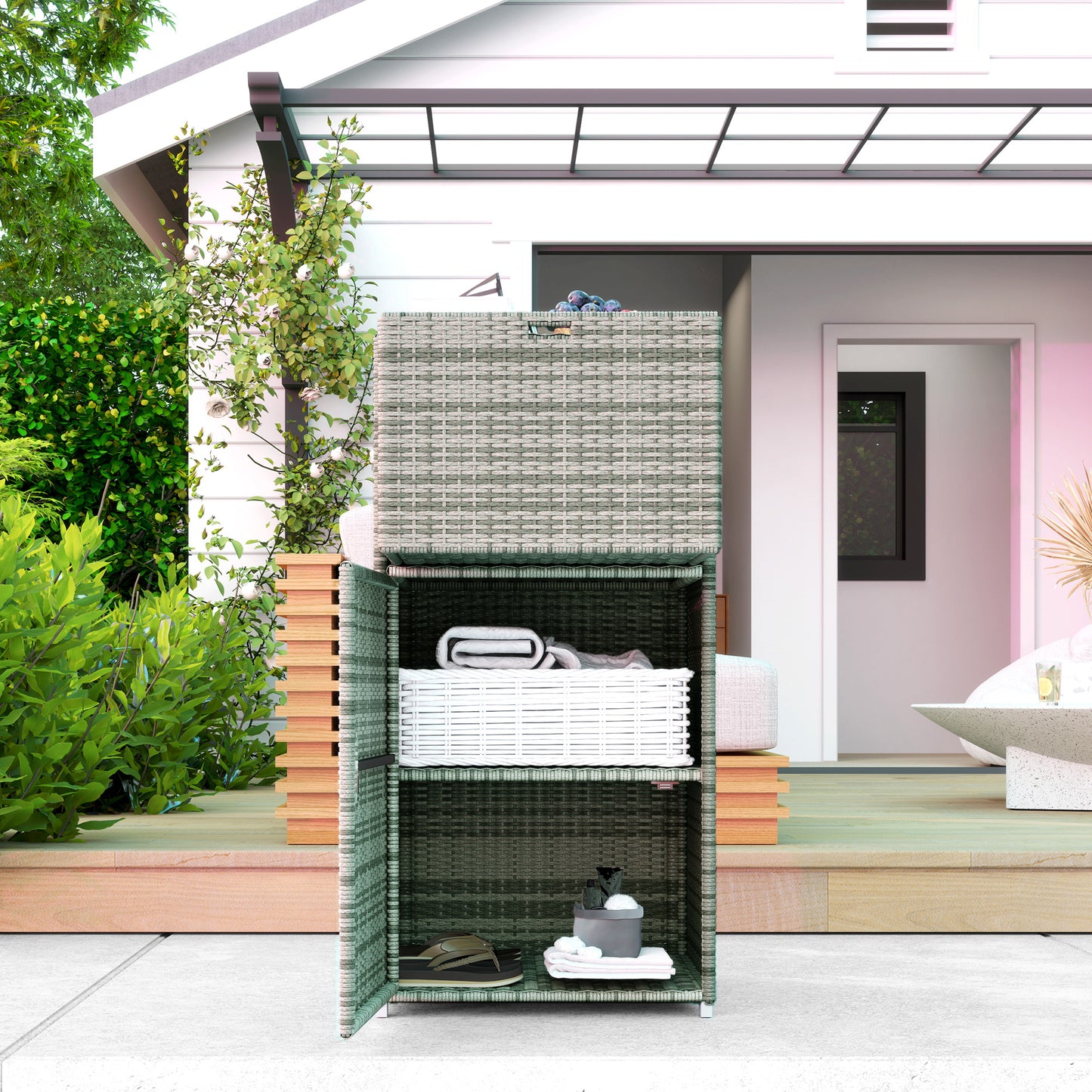 Outdoor Towel Rack with Drawer and Cabinet - Gray